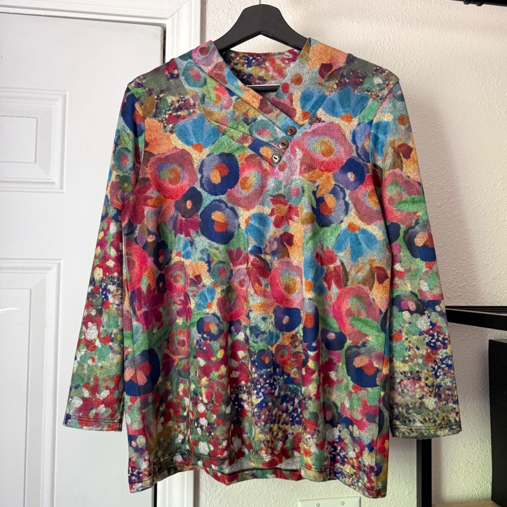 JESS & JANE grey multicolor floral paint water color felt soft long sleeve top